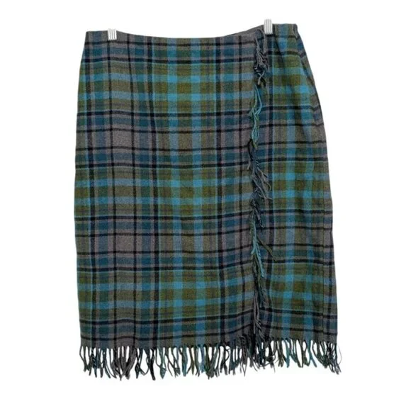 J Jill Plaid Fringe Skirt Womens Petite Size 12 Green Wool Blend Lined Faux Wrap - Picture 1 of 10